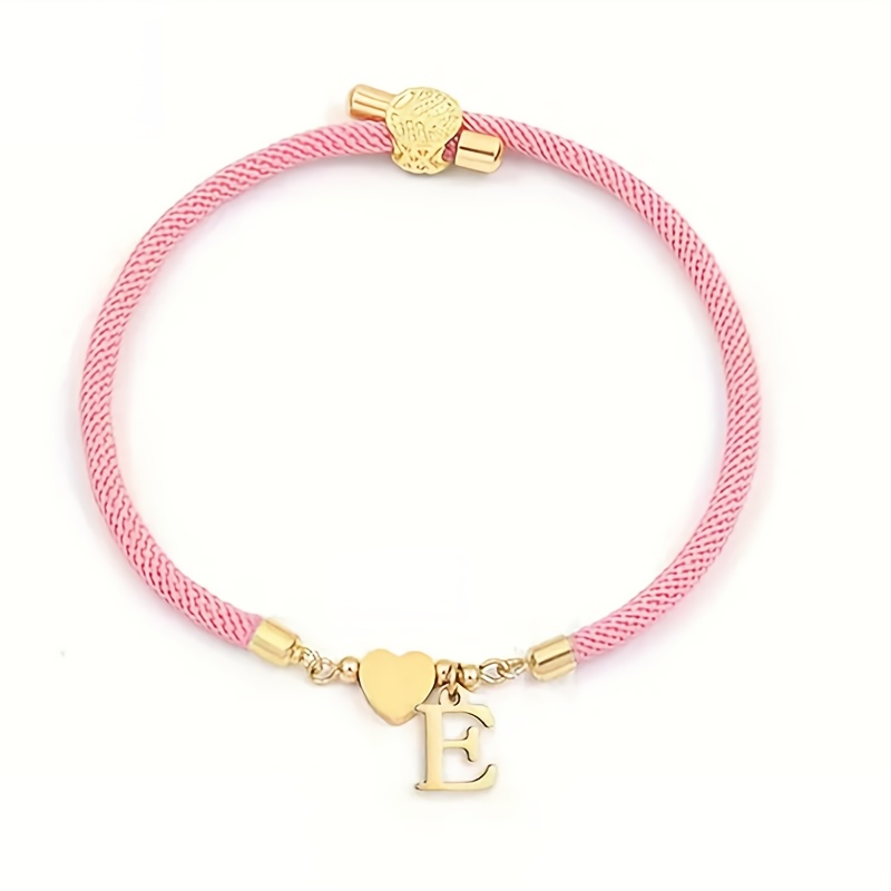 Image of 1pca-z 26 Golden English Letters With A Heart-shaped Pink Adjustable Rope Women's Fashion Bracelet Is The Perfect Personalized Gift For And
