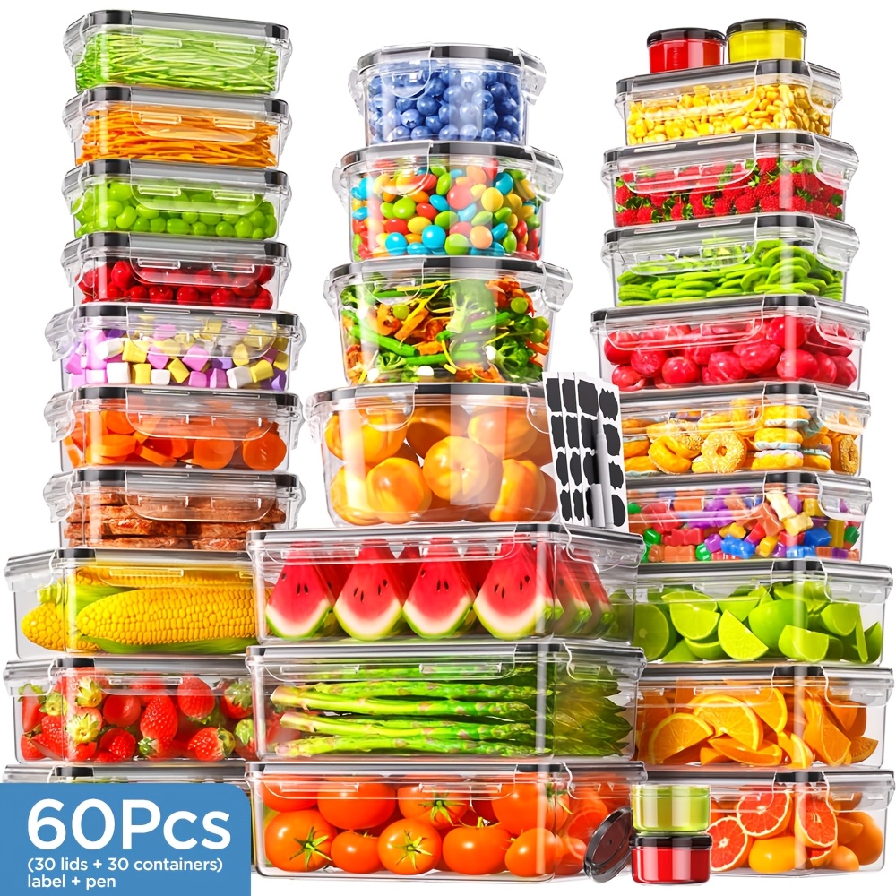E-shop 60-teiliges Lebensmittelbehälter-Set mit Deckeln - Stapelbare Plastikbehälter (30 Deckel und 30 Behälter) - Auslaufsicher, stapelbar - für die