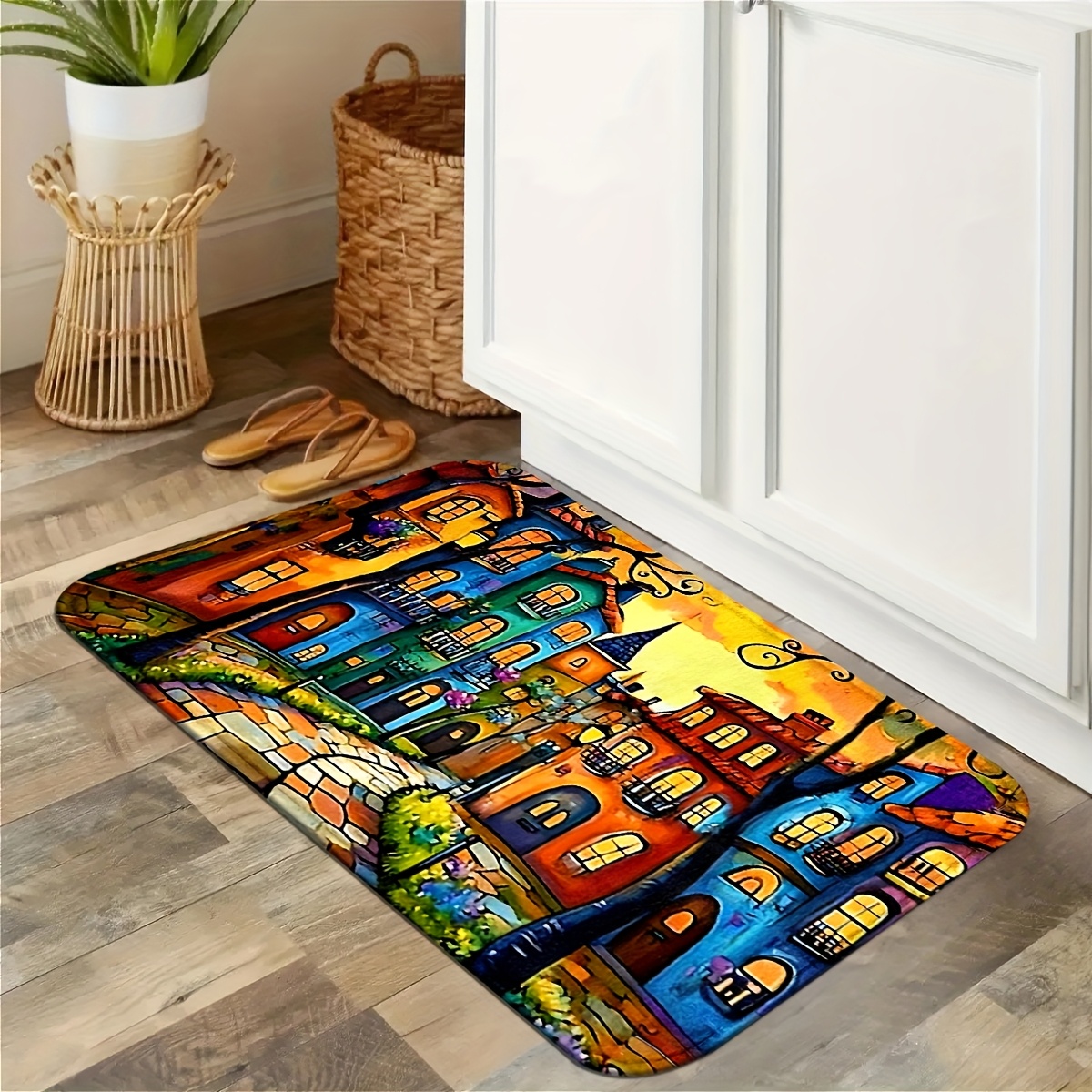 TEMU Vibrant European Architecture Oil Painting Rugs - Non-slip, Machine Washable Polyester Mat With Colorful Design, Suitable For Living Room,