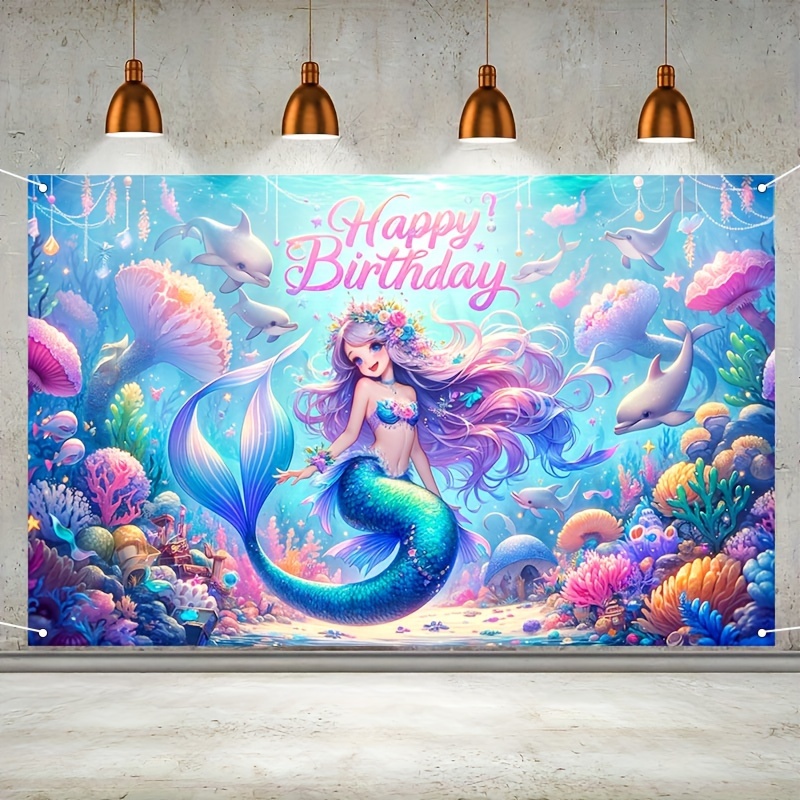 

1pc, Mermaid Happy Birthday Backdrop Photo Props, Happy Birthday Polyester Banner Decor, Birthday Party Wall Decor, Birthday Party Background Decor, Birthday Party Decoration Supplies, 71x43inch