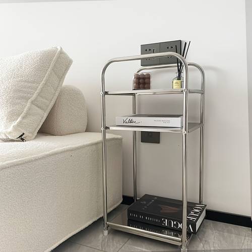 modern stainless steel side table with storage silvery nightstand home storage shelf no height under 27 0 inches space saving design no electricity needed ideal for sofa and kitchen practical shelving unit