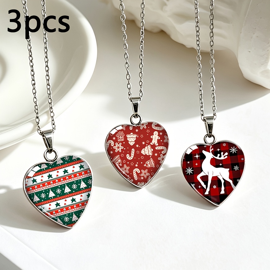 TEMU Ensemble de 3 pièces Collier en Acier Inoxydable de Cœur Noël d'Épice Homme Bonbon Impression Cœur Pendentif en Verre Ambiance Festive Chaîne