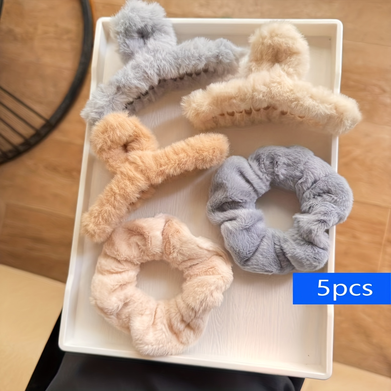 TEMU 5pcs Set Combination Plush Hair Clip Hair Tie Claw Clip Large Winter Style, Easy And Comfortable Lazy Hair Styling Clip, Fashionable Hair