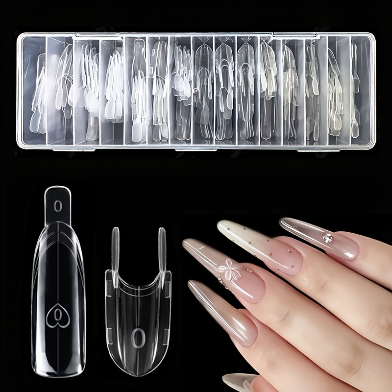 TEMU 105개 - BASIC TIPS 가정용 DIY 및 살롱용 사전 제작 네일 연장용 - 듀얼몰드 아몬드형 프레스온 네일, 15가지 사이즈 몰드 포함, 변형 없음 & 종이 없는 부착, 네일 아트 디자인을 위한 퀵 네일 팁