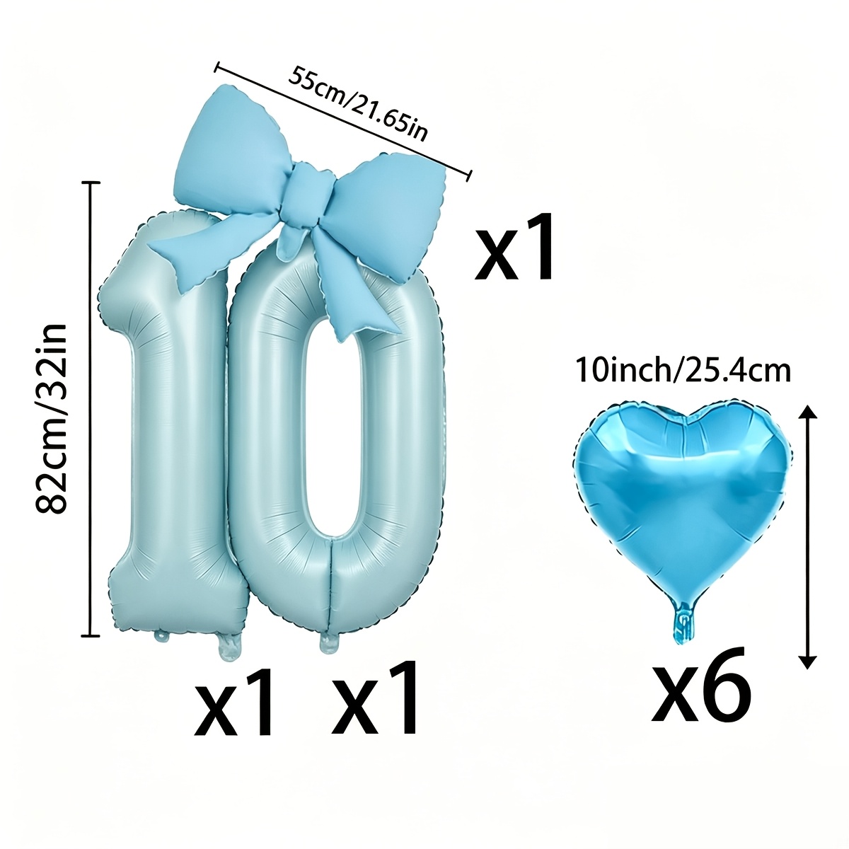 TEMU 9pcs/set - 32inch Blue Number Balloon 10 Digital Balloon With Balloon With Blue Heart Balloons For Blue Shower 10th Happy Birthday Party