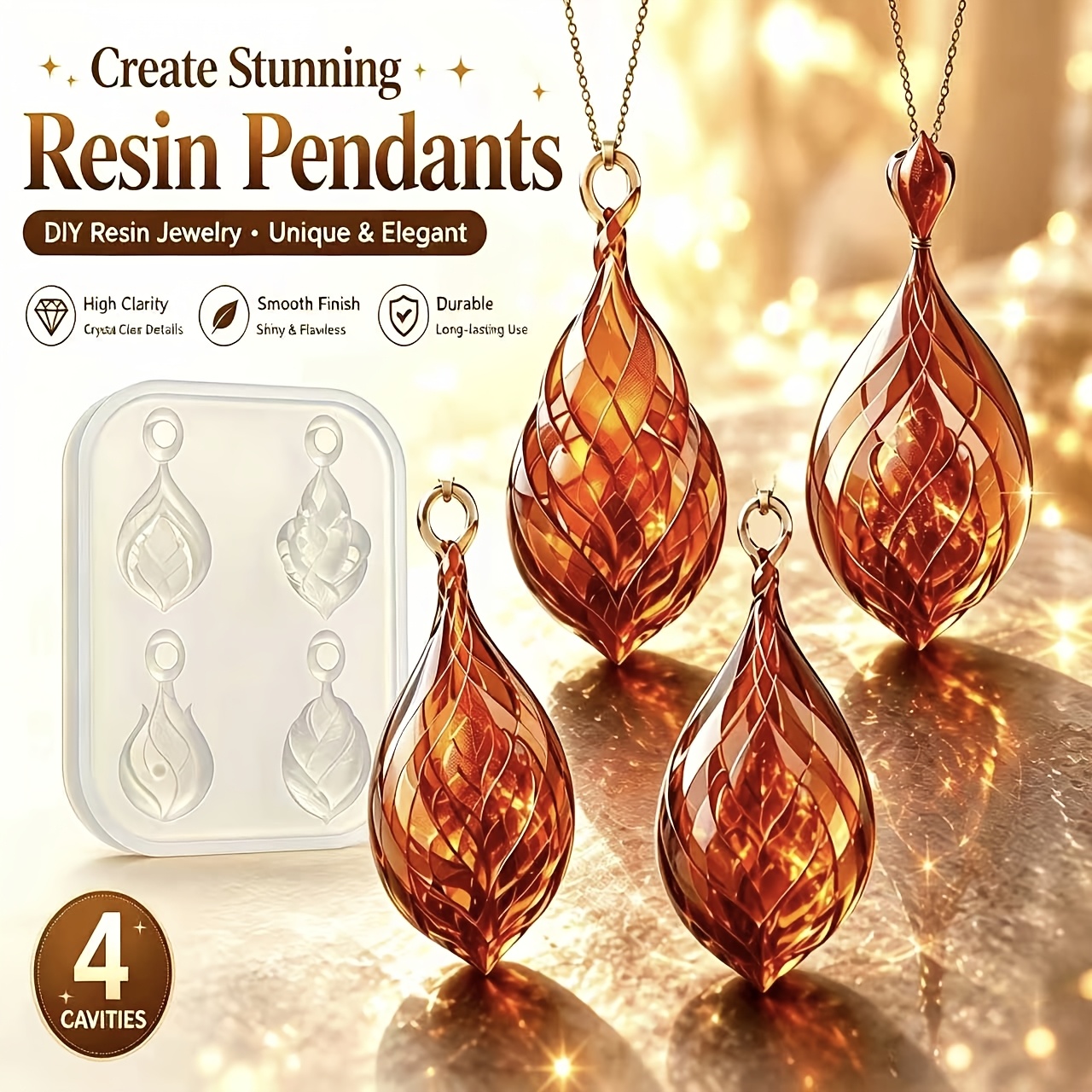 TEMU Stampo in silicone resina, stampo a 4 cavit� per ciondoli a forma di piuma e con foro per di gioielli in resina epossidica, orecchini, collane,