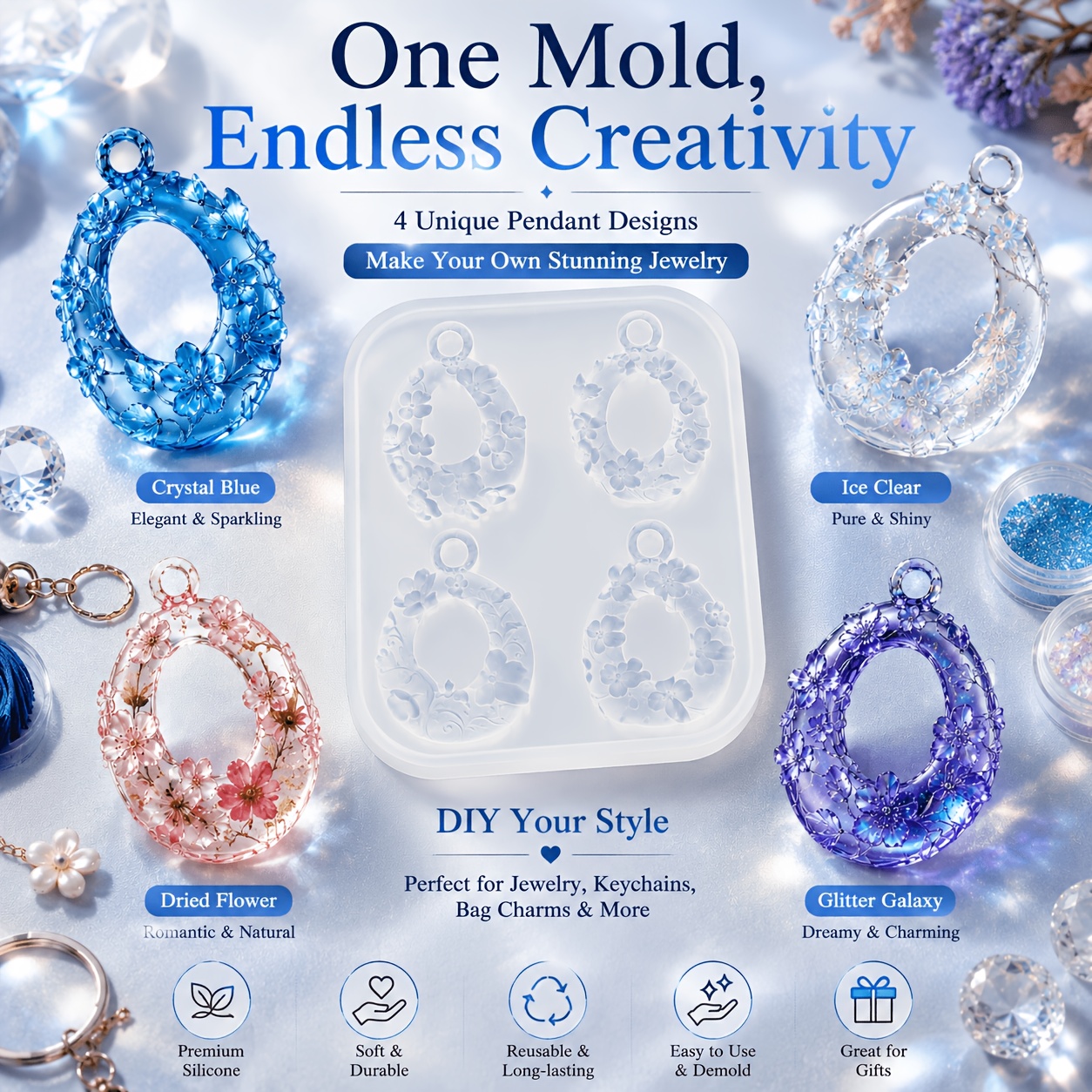 TEMU Resin Silicone Mold, 4-cavity Floral Wreath Pendant Mold With Hanging Hole, Oval Flower Frame Epoxy Casting Mold For Diy Keychain & Necklace