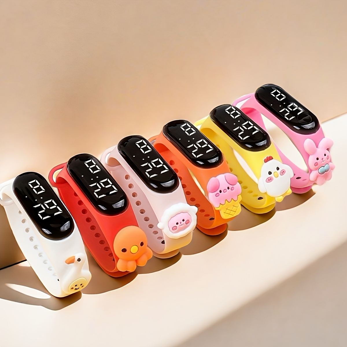 Image of 6pcs Adorable Animal Led Digital Bracelet Watches For - Colorful Party-themed Electronic Wristbands With Cartoon Duck, Designs, Non-waterproof, Battery Operated, Perfect Gift For Students