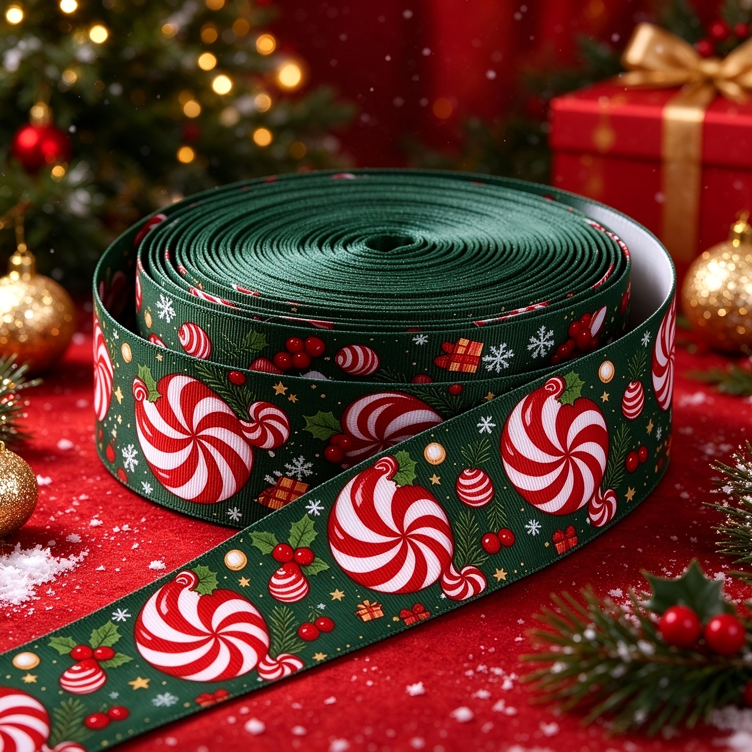 TEMU de Ruban Élégant Imprimé Rouge et Blanc Tourbillon Bonbon/Galette de Noël avec Motif d'Éléments de Noël, Idéal pour Ajouts de Cheveux, Emballage
