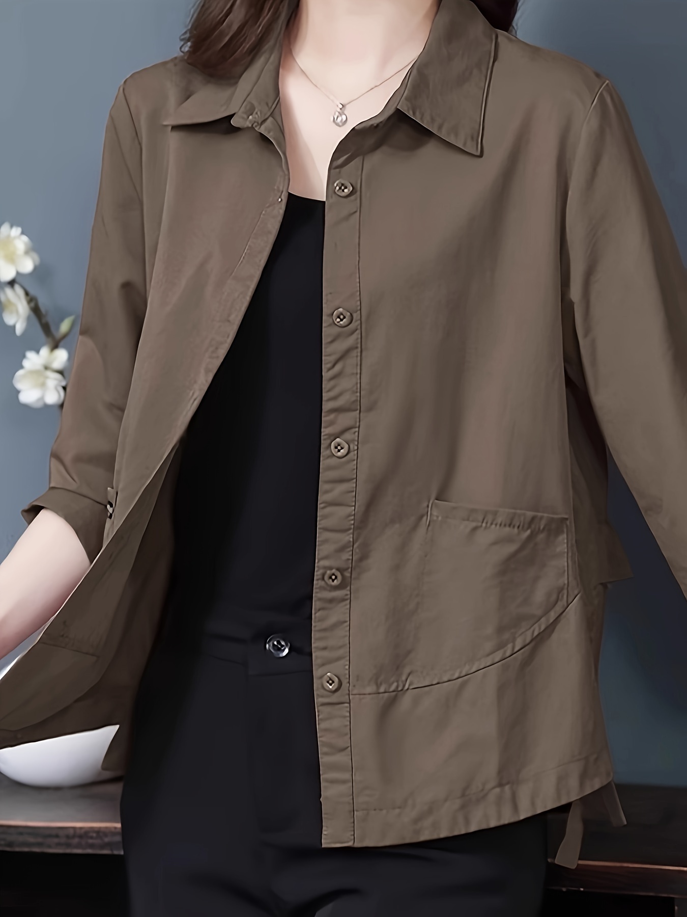 Camisa de larga de color para mujer de poliéster 100%, largo regular,  chaqueta exterior para */otoño, moda para