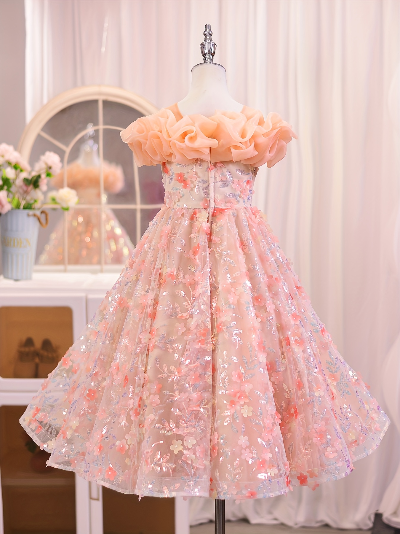Girls' Pink Floral Princess Dress Elegant Short Sleeve, Embroidered Mesh  Gown with Sequins Weddings, Birthdays, and Special Occasions, Formal