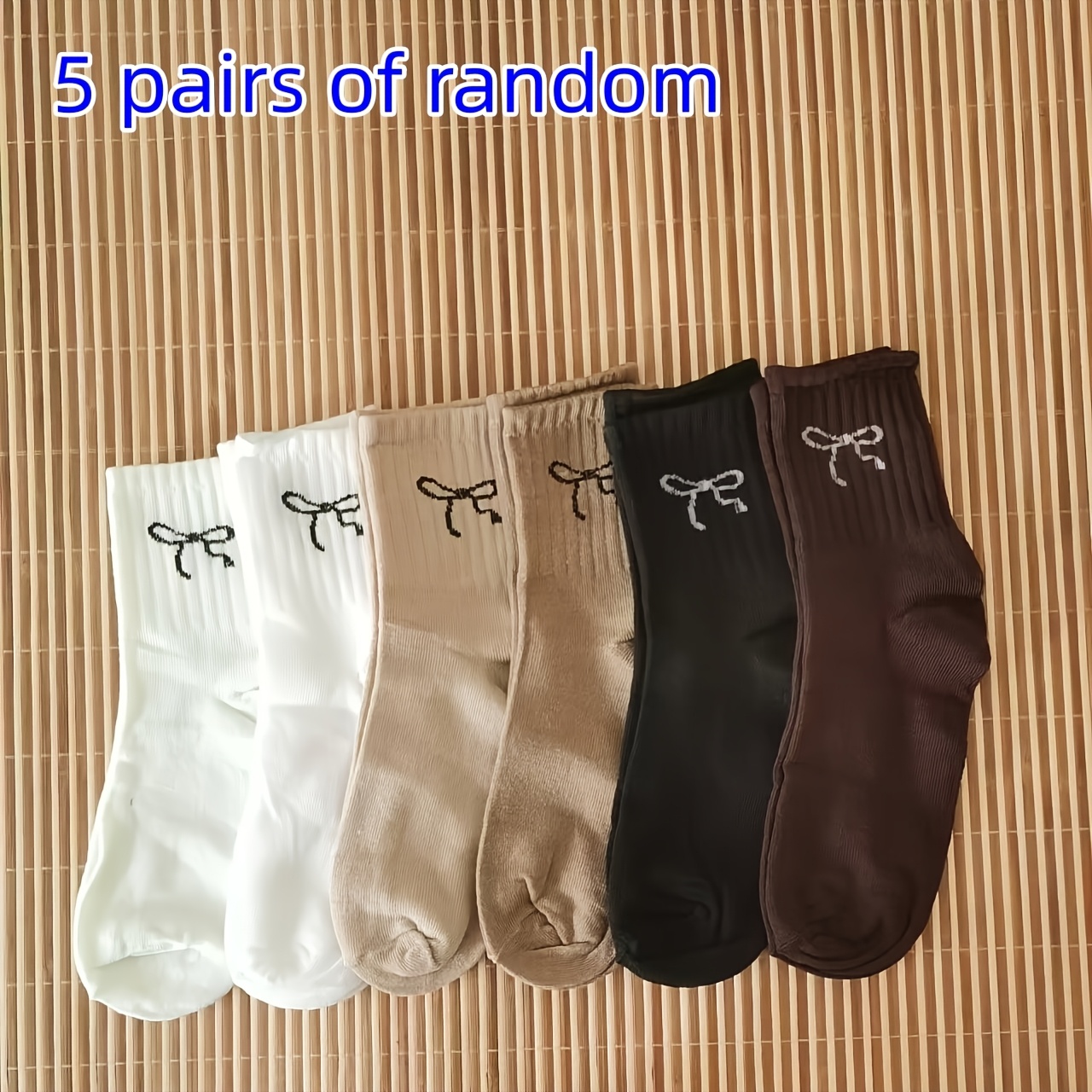 TEMU 5-pair Women's Bow & Print Mid-calf Socks - Style Bowknot, Random Assorted Patterns Suitable For Uniforms, Casual Wear, Everyday Outfits - Hand