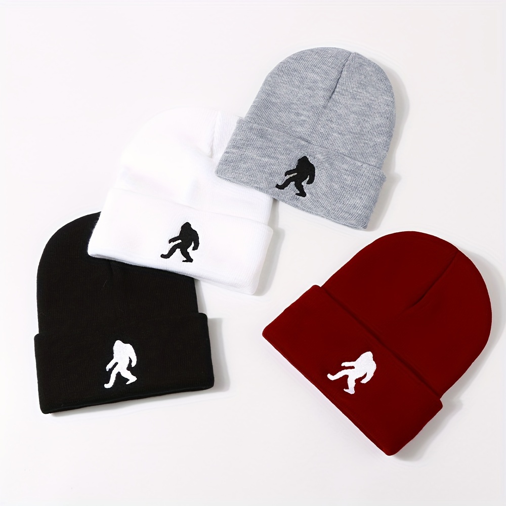 

1 Stylish Chimpanzee Embroidered Beanie, Fit, Ear-covering Knit Hat In Gray, White, Black, & For Streetwear & Travel