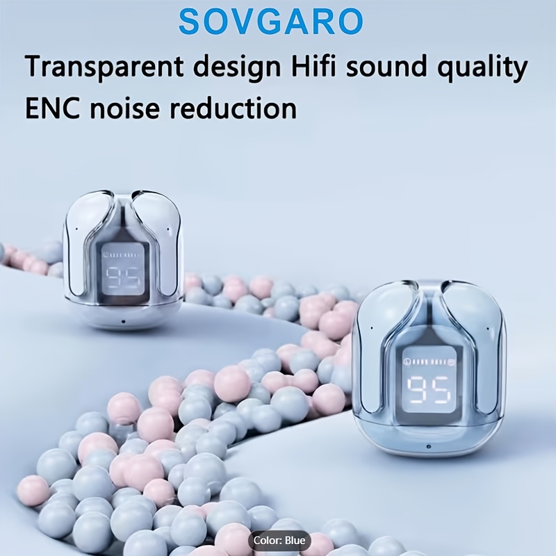 Wireless Earbuds 5.3, 24-Hour Battery Life, LED Power Display Transparent Charging Case, Cute Light Blue In-Ear Headphones, Suitable for Women And Girls, Ideal for Sports, Travel, And More, Compatible with Iphone And Android Devices