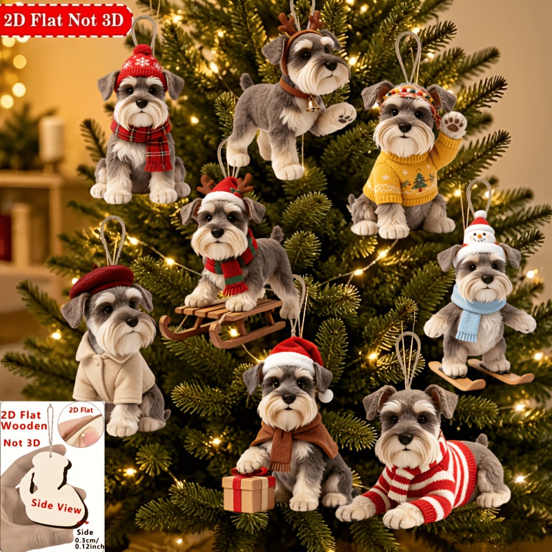 TEMU 2d Flat, 2d Flat 8pcs Cute Schnauzer Christmas Ornaments, Classic Holiday Element Printed Design Decorations, An Excellent Choice For Christmas