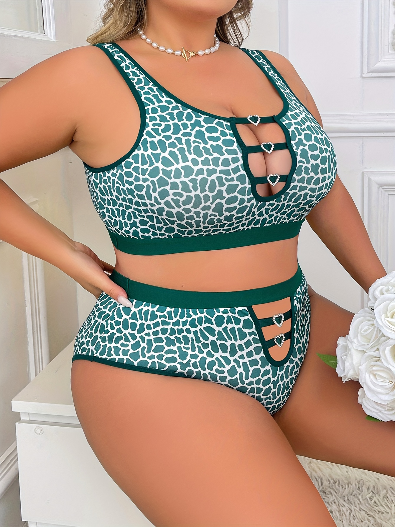 Plus Size Solid Heart Print Bow Front Sexy Lingerie Set - Temu New