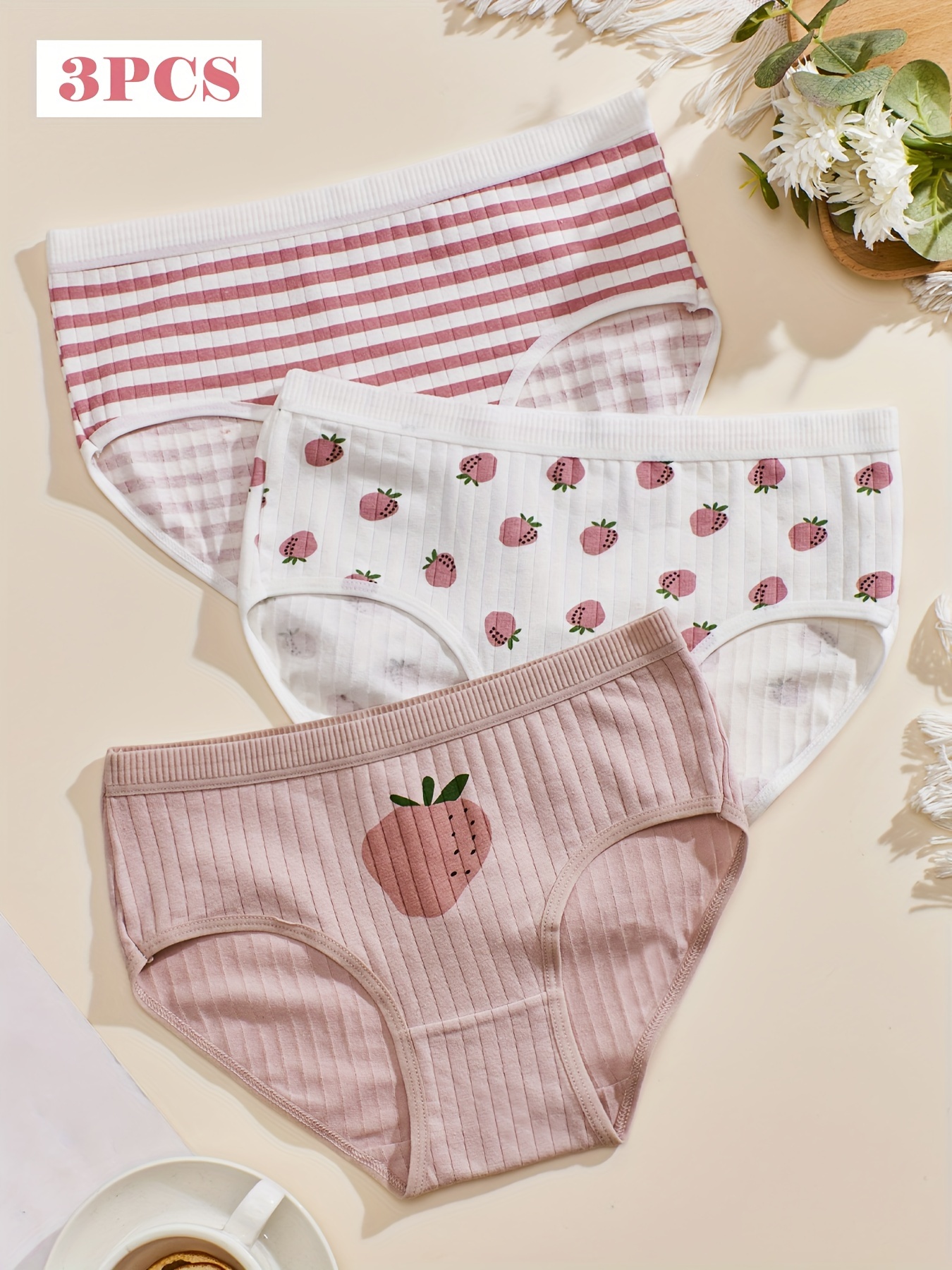 3pcs Cute Cherry Lettuce Trim Briefs, Comfy Breathable Stretchy Intimates  Panties, Women's Lingerie & Underwear
