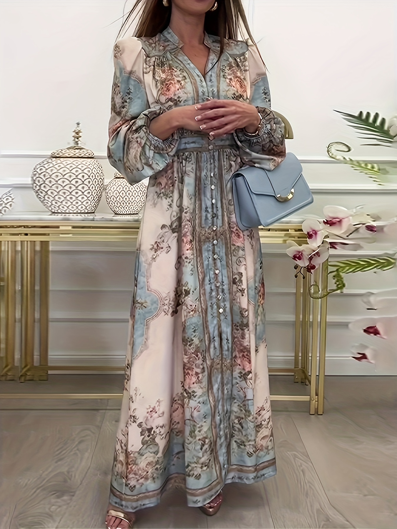 FIGDAW Elegant Floral Print V-Neck Long Sleeve Evening Dress - Slim Fit Pencil Skirt, Light Blue & Pink Floral Design, Perfect for Parties & Formal Events, Formal Evening Wear | Floral Print Dress | Polyester Fabric