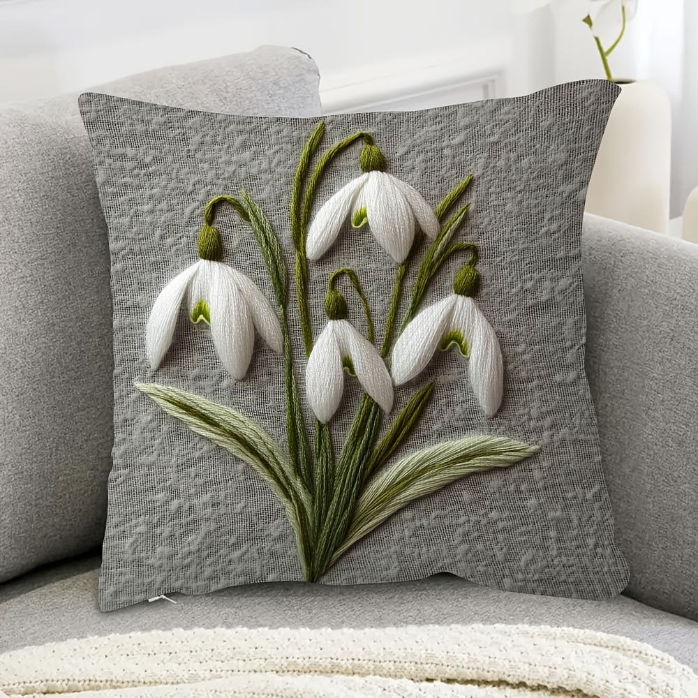 

1pc Snowdrop Floral Pillow Cover, 18x18inch, Contemporary Short Plush Double-sided Print, Hand Wash, Zipper Closure, Woven Polyester Decorative Cushion Case For Room Types - No Insert