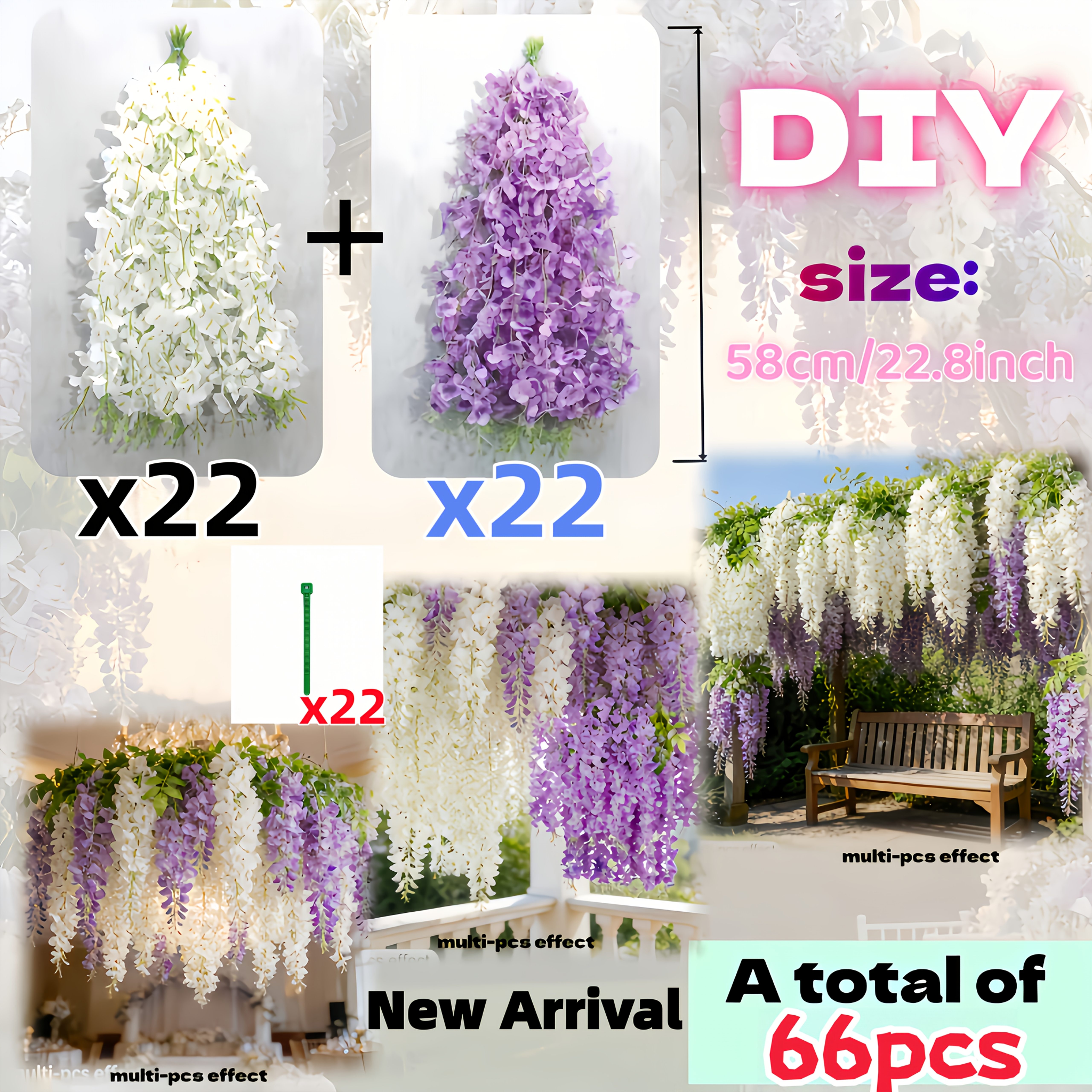 Image of 66pcs Artificial Outdoor Simulation White Purple Wisteria Flowers, Including 25pcs White Wisteria And 25pcs Purple Wisteria And 25pcs Tying Bands - Artificial Wedding Decor
