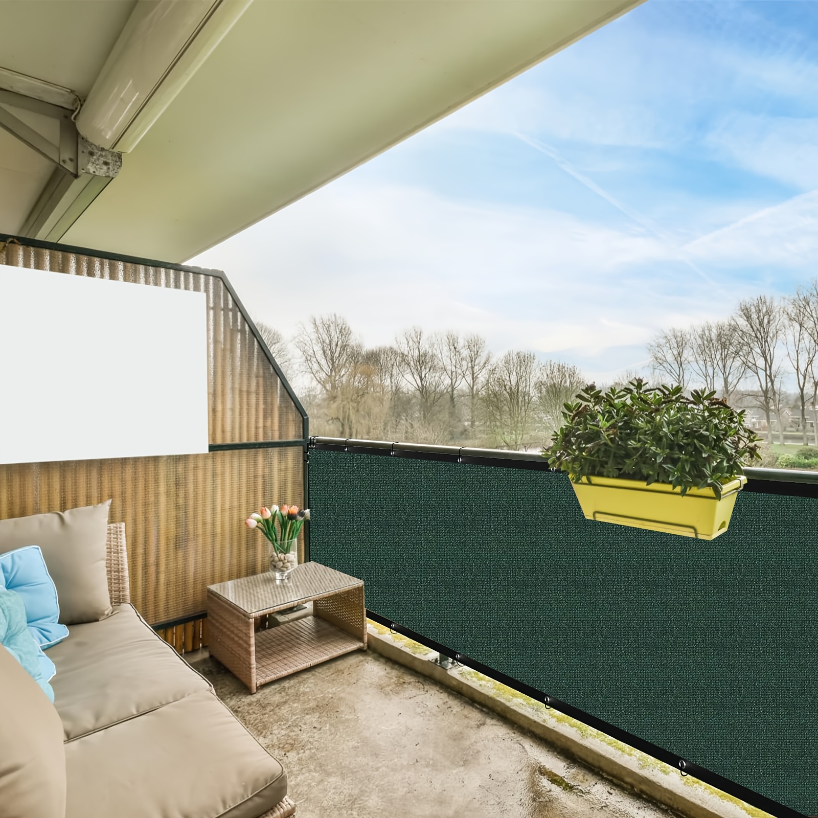 Dark Green Privacy Screen for Balconies, Designed to Shield Against And Sun, Featuring Eyelets for Easy Installation. Ideal for Decks, Patios, Backyards, Pools, And Porches (1pc)