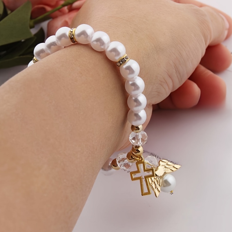 

1pc, Elastic Acrylic Beaded Bracelet With Hollow Cross & Charms, Religious Stretchy Jewelry Accessory For Girls