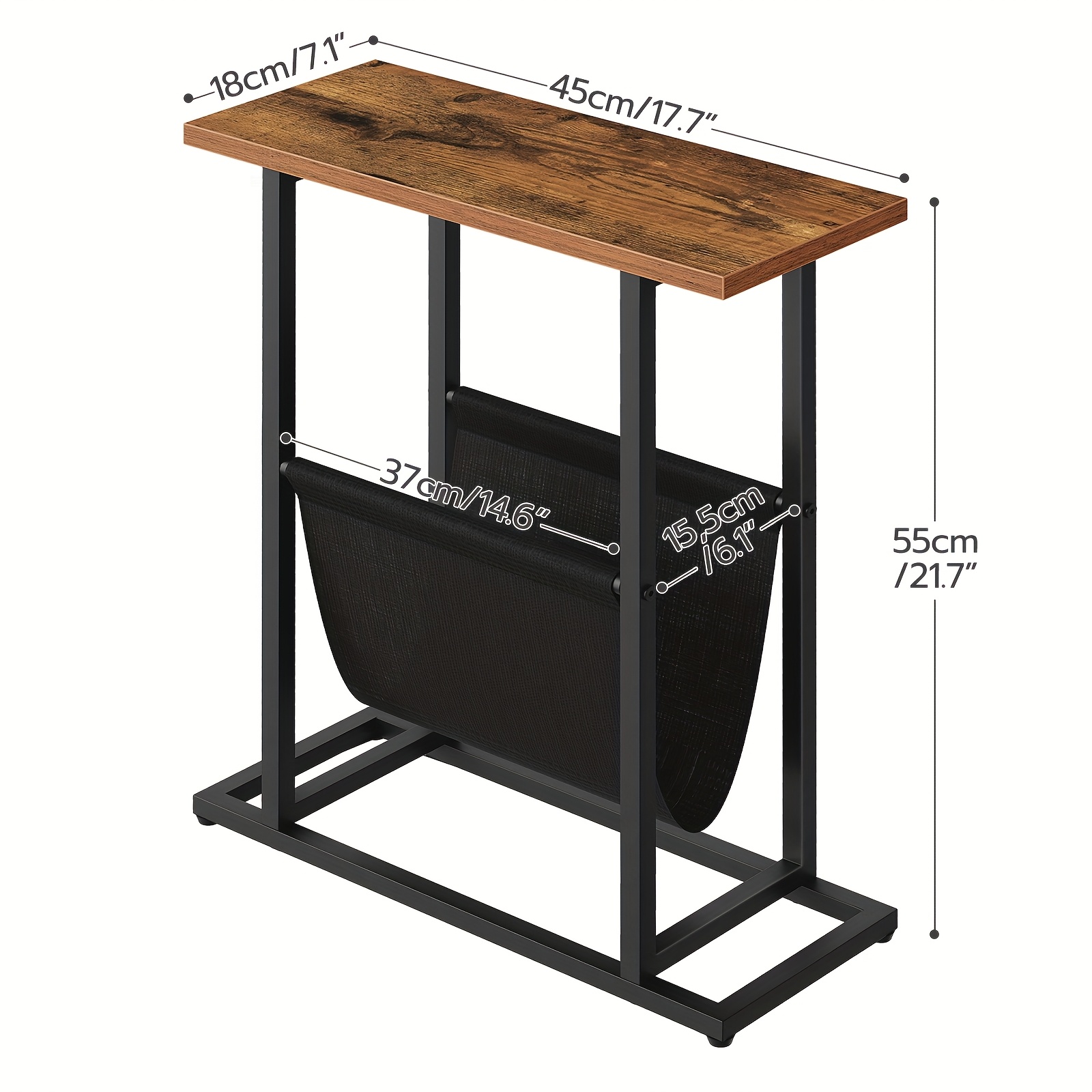 Narrow Side Table, Slim Bedside Table, Industrial Sofa Table with Magazine Organizer, Space Saver, Suitable for Living Room, Bedroom, Vintage Brown And Black