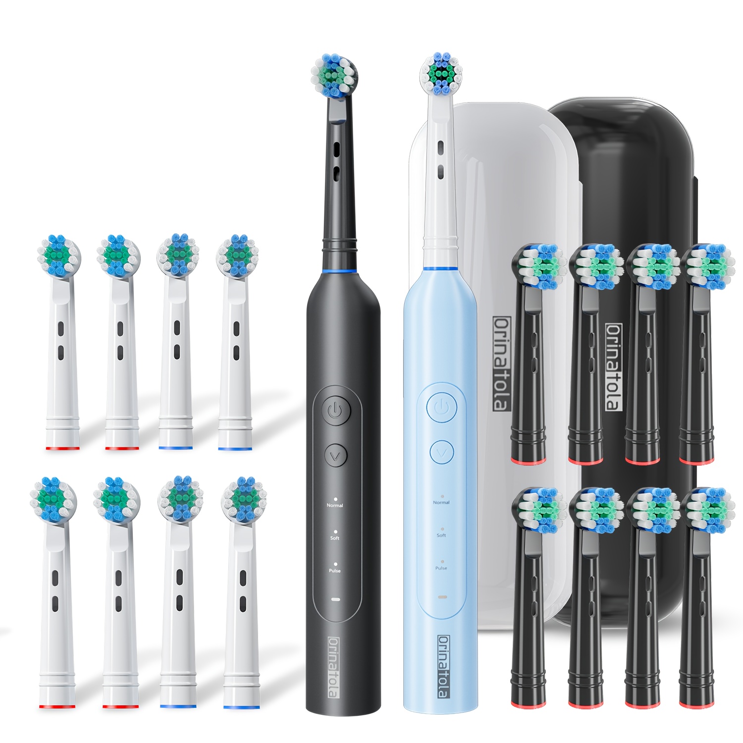 Een oplaadbare elektrische tandenborstel voor volwassenen, met een compacte ronde roterende borstelkop voor effectieve reiniging, IPX7-klasse, en inclusief 8 vervangende borstelkoppen.