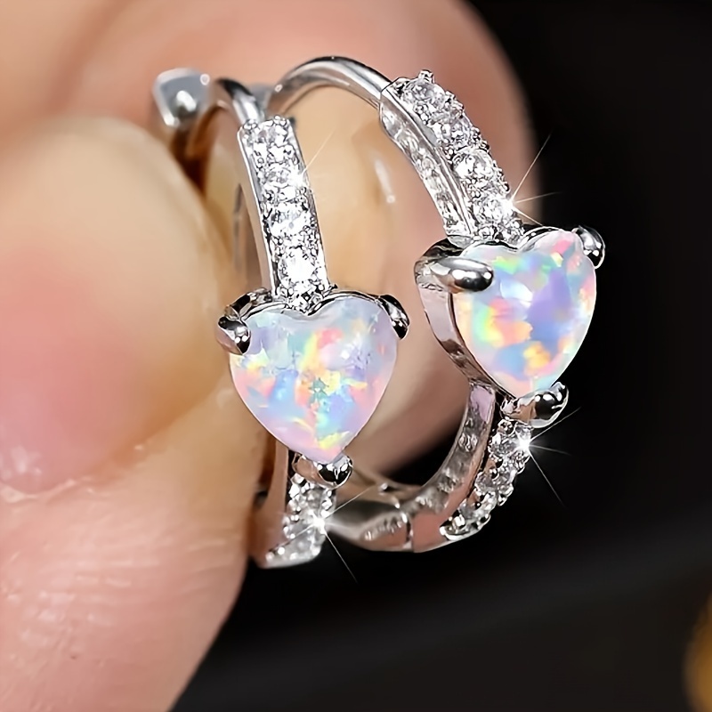 

1 Pair Elegant Heart-shaped Hoop Earrings With Cubic Zirconia, Synthetic Opal Gemstone, Fashionable Engagement Party Jewelry For Women