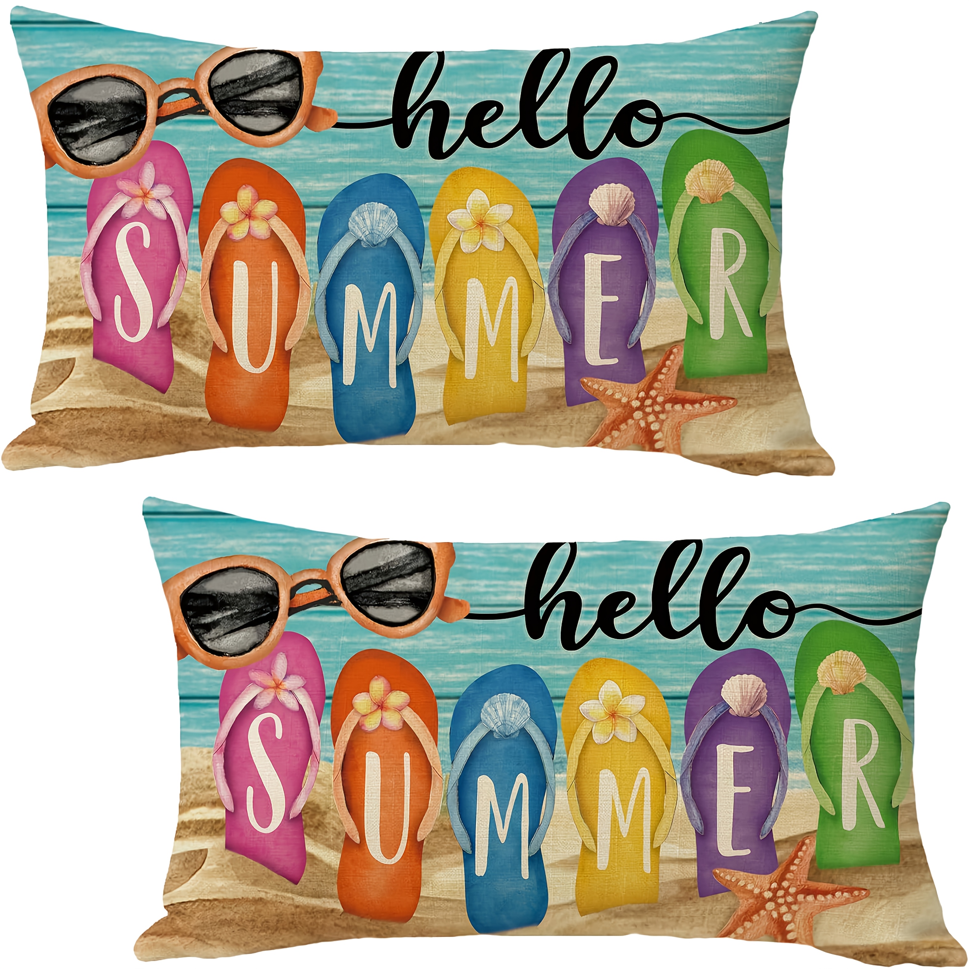 TEMU Ensemble 2 pièces Hello Summer Beach Flip Flops et Châle Décoratif de Taille, Décoration Rectangulaire Côtière Océan Extérieur Maison, Lunettes