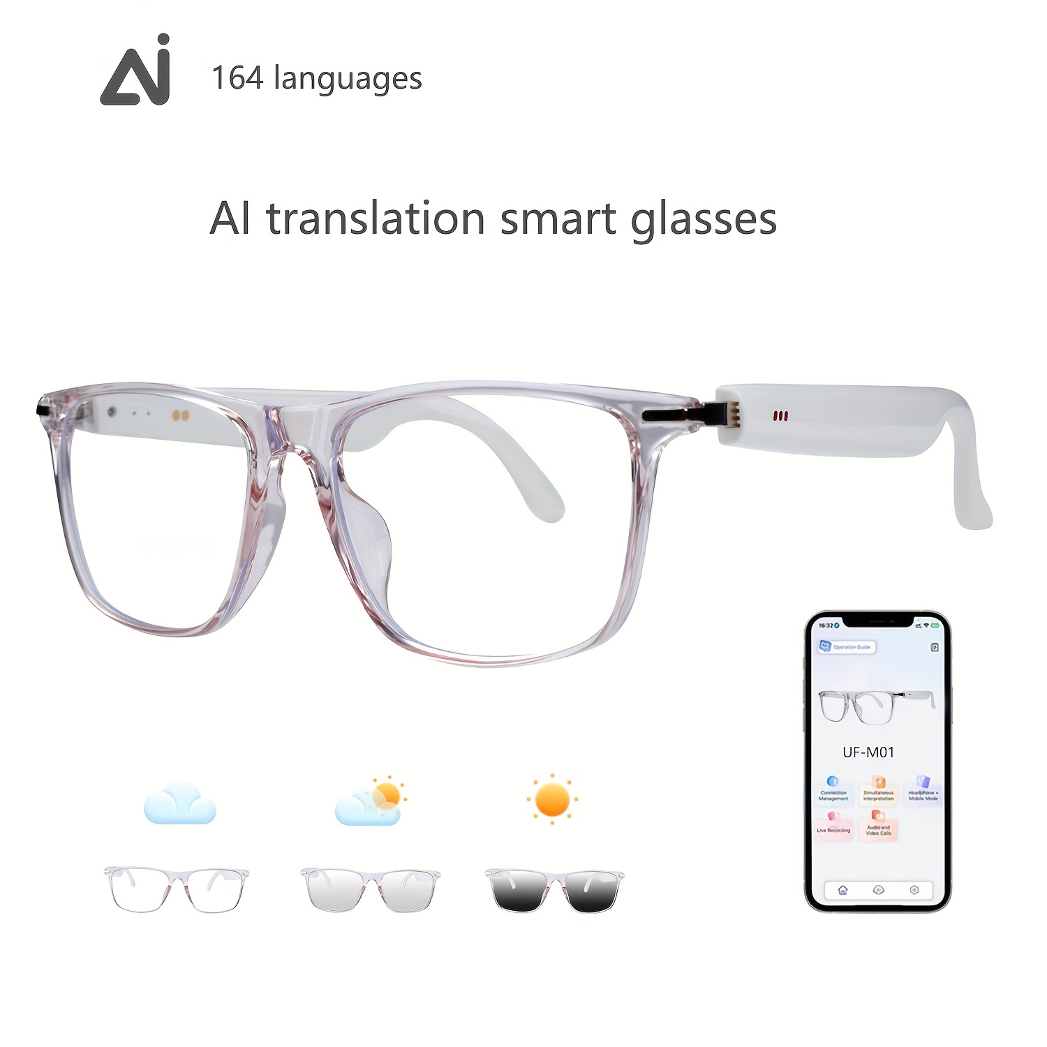 TEMU Ai Smart Glasses, Supporting Real-time Translation In 164 Languages, With A Gpt Chat System, Unisex Multifunctional Audio Glasses With Built-in