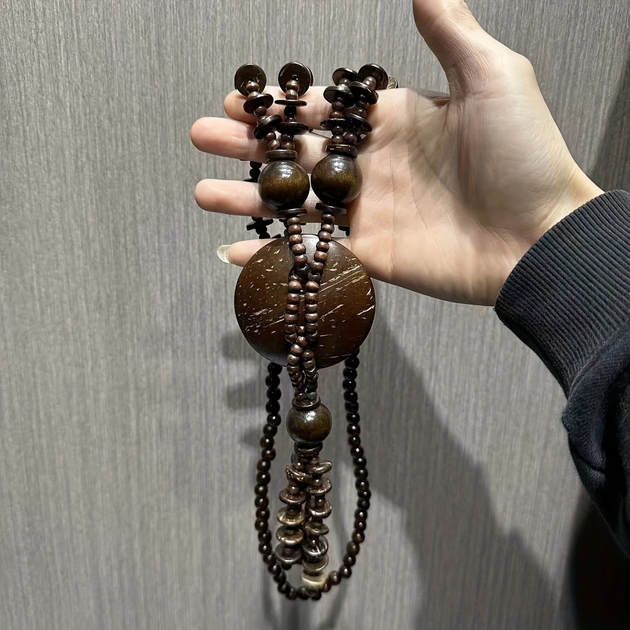Boho Vintage Coffee Wood Bead Necklace with Pendant