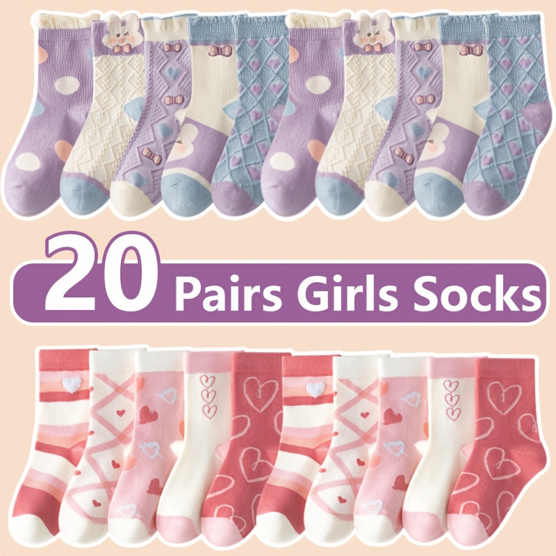 Image of S50+s55 20 Pairs Love Heart Cute Kids Socks, Girls Mid-calf Socks For Spring, Autumn, Winter, Baby, Toddler, Student Cartoon Sports Socks