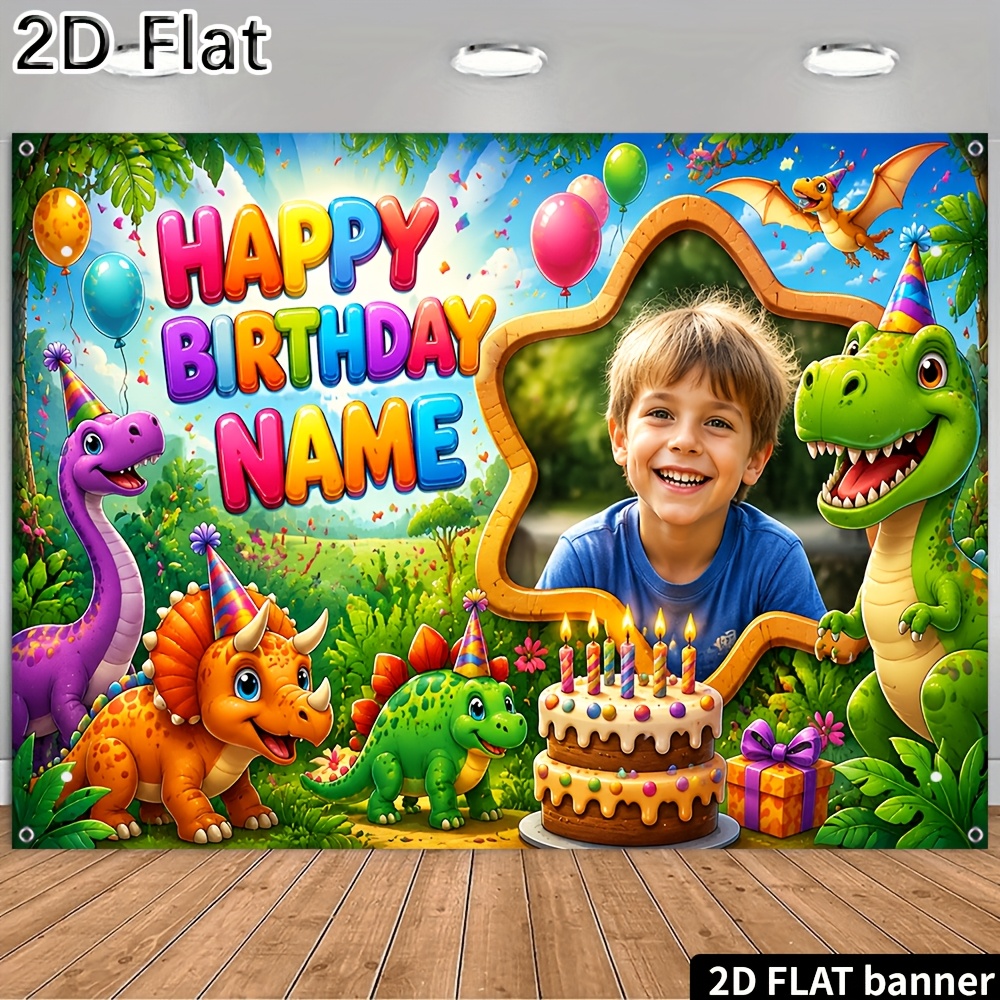 TEMU 2d Flat, [2d Plat] 1pc Party Banner Custom Photo Name Cartoon Cute Dinosaur Printed Happy Birthday Themed Backdrop For Indoor Outdoor Birthday