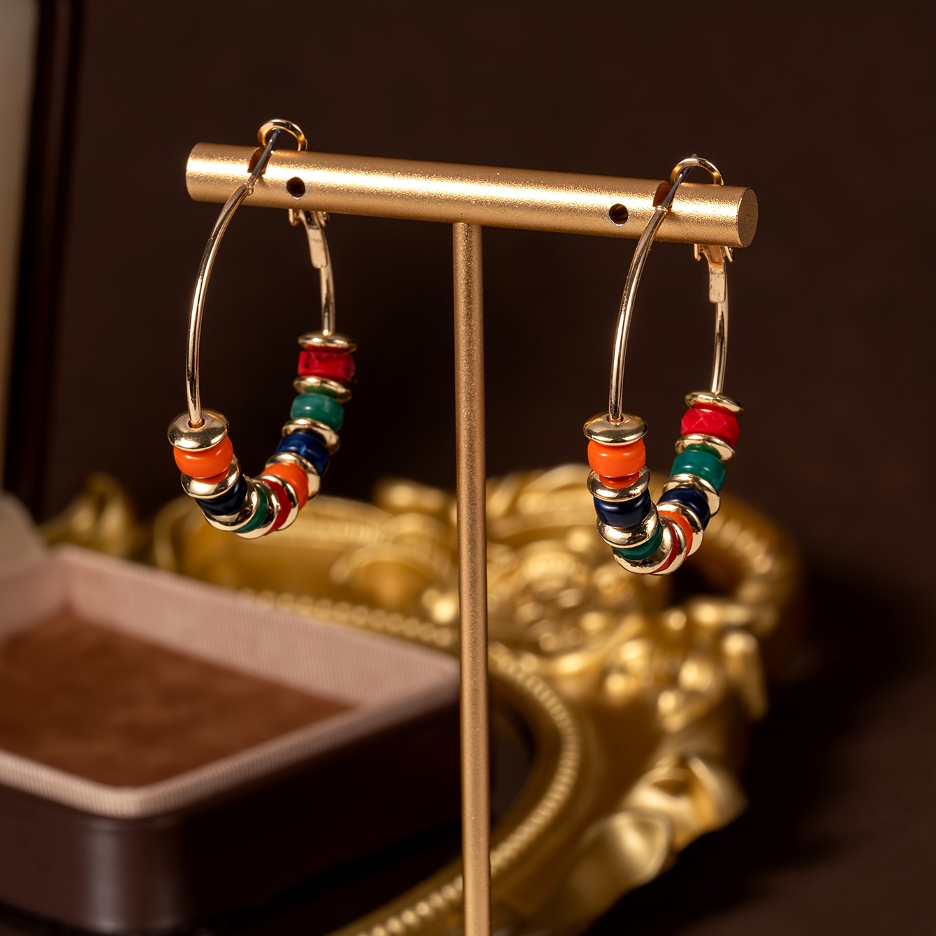 TEMU A Pair Of Fashionable Vintage Elegant Large Hoop Earrings Featuring Bohemian-style Geometric Shapes With Red, Green, And Blue Mixed Beads