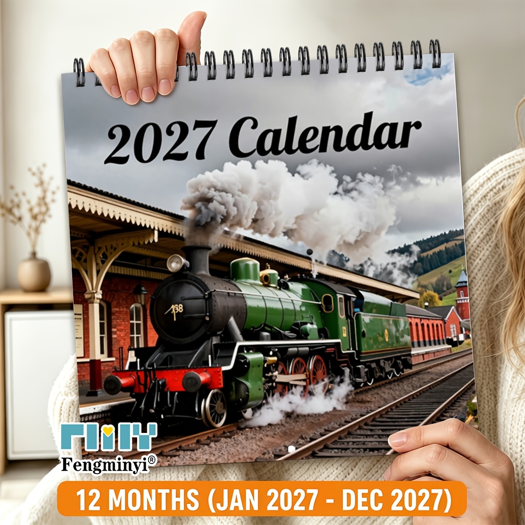 TEMU 2d Flat 1 Book Steam Train - Upgraded Version: 12-month Double-sided Pages, Thickened Paper, 8.3x8.3 Inch Square Vintage Scenery Wall Calendar |