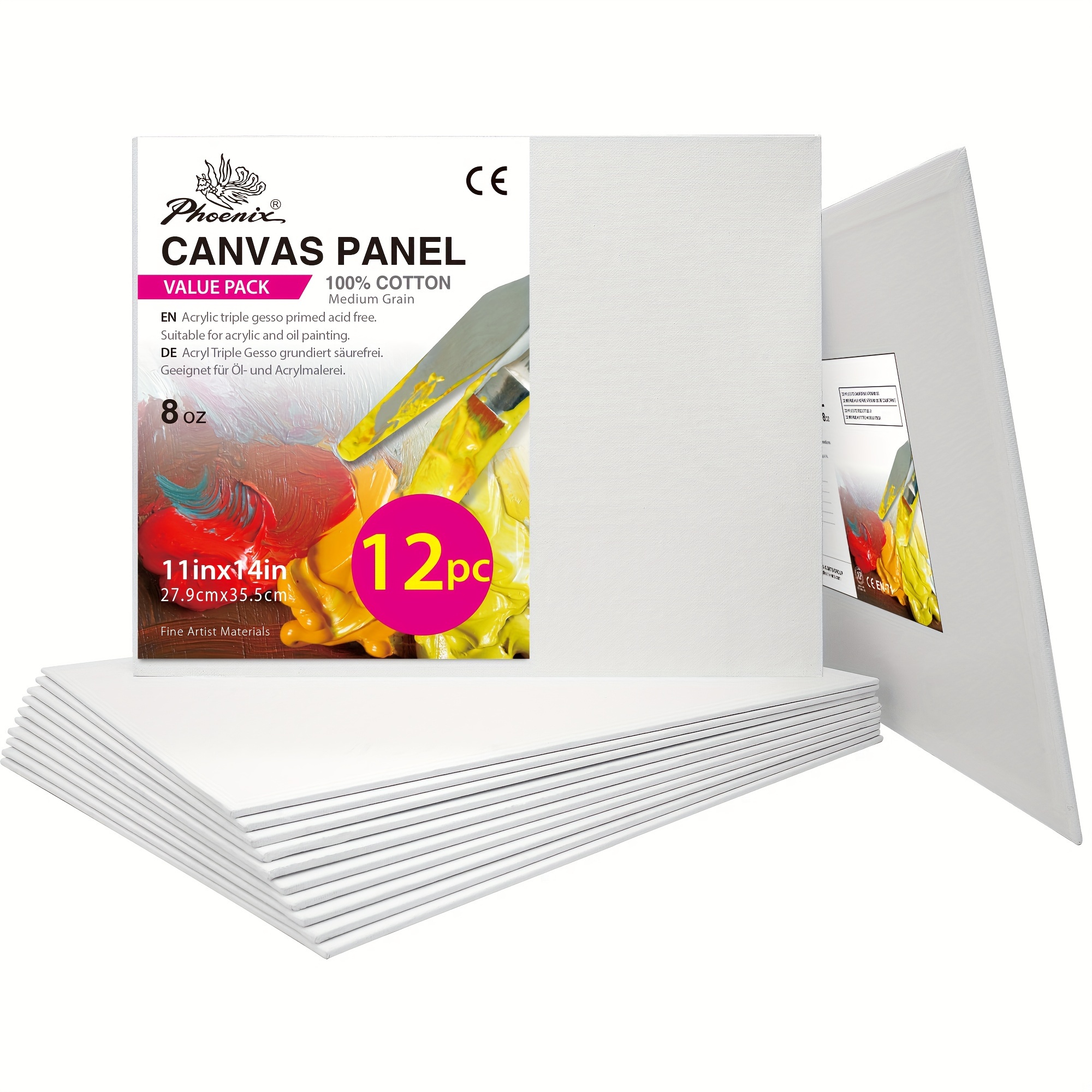 

Phoenix Painting Canvas Panels 11x14 Inch, 12 - 8 Oz Triple 100% Cotton Acid Boards For Painting, White Blank Flat Canvas Boards For Acrylic, Oil Paints