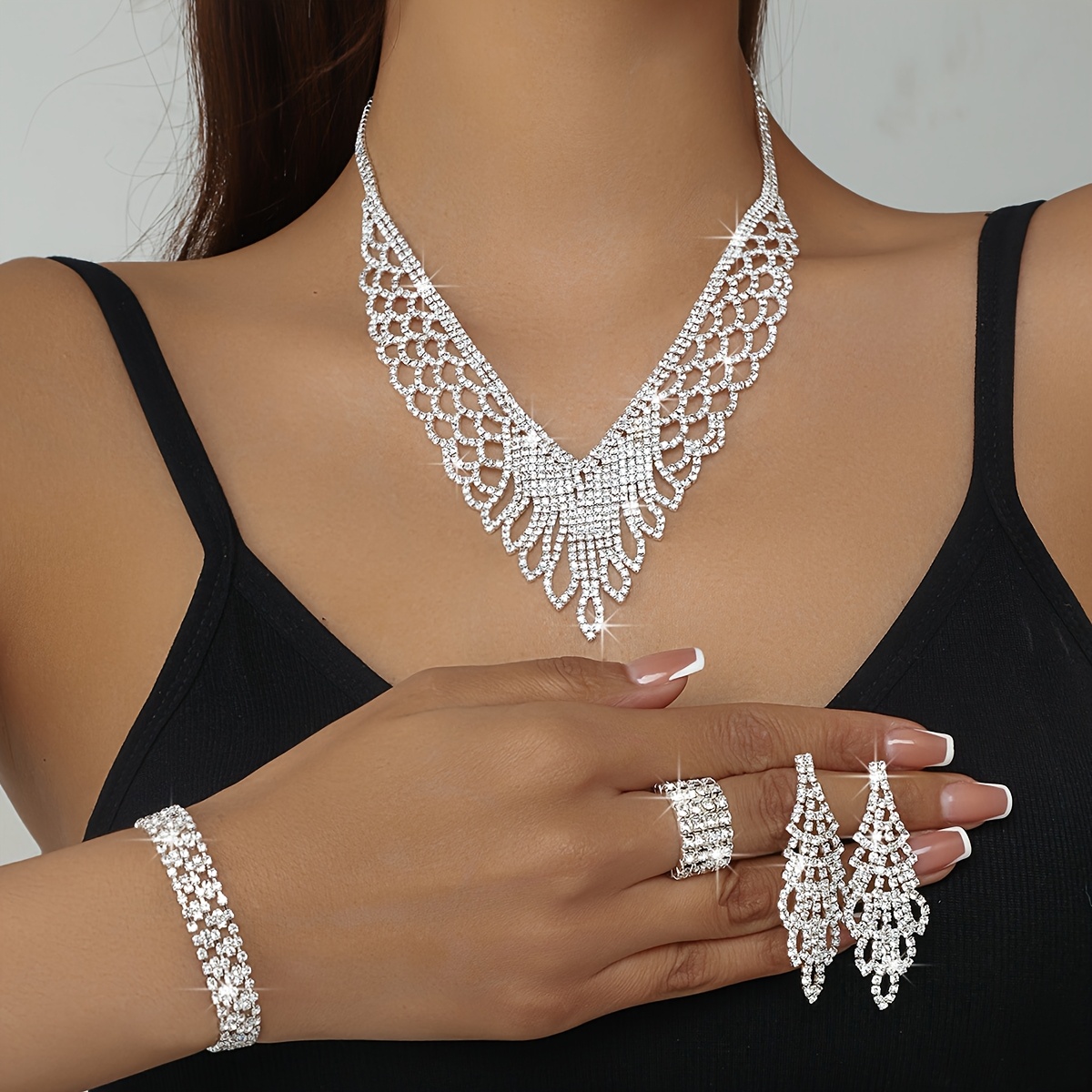 Image of Luxury Exquisite Middle Eastern Bride Wedding Jewelry Rhinestone Hollow Necklace Bracelet Earrings Elastic Ring 4pcs Set