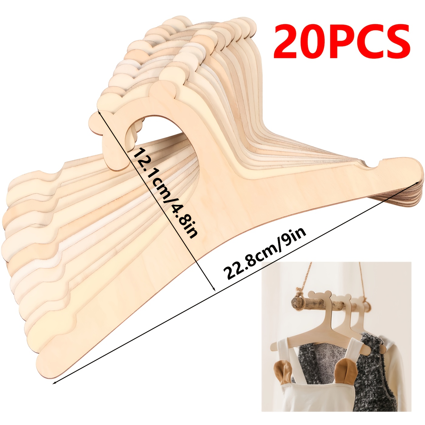Image of 15/20pcs Wooden Hangers, Cute , 22.8cm / 9 Inch Wood Plywood Hanger, Suitable For Clothes And Pants, Skirts