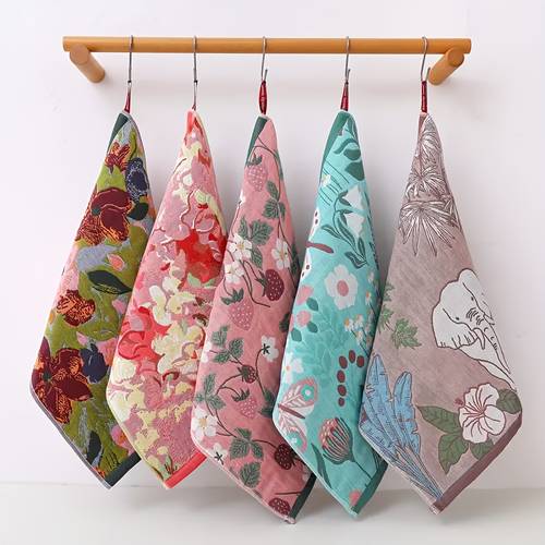 toalla de cuadrada jacquard con estampado bohemio, 5 piezas, diseño cartoon elefante y fresas florales multiusos