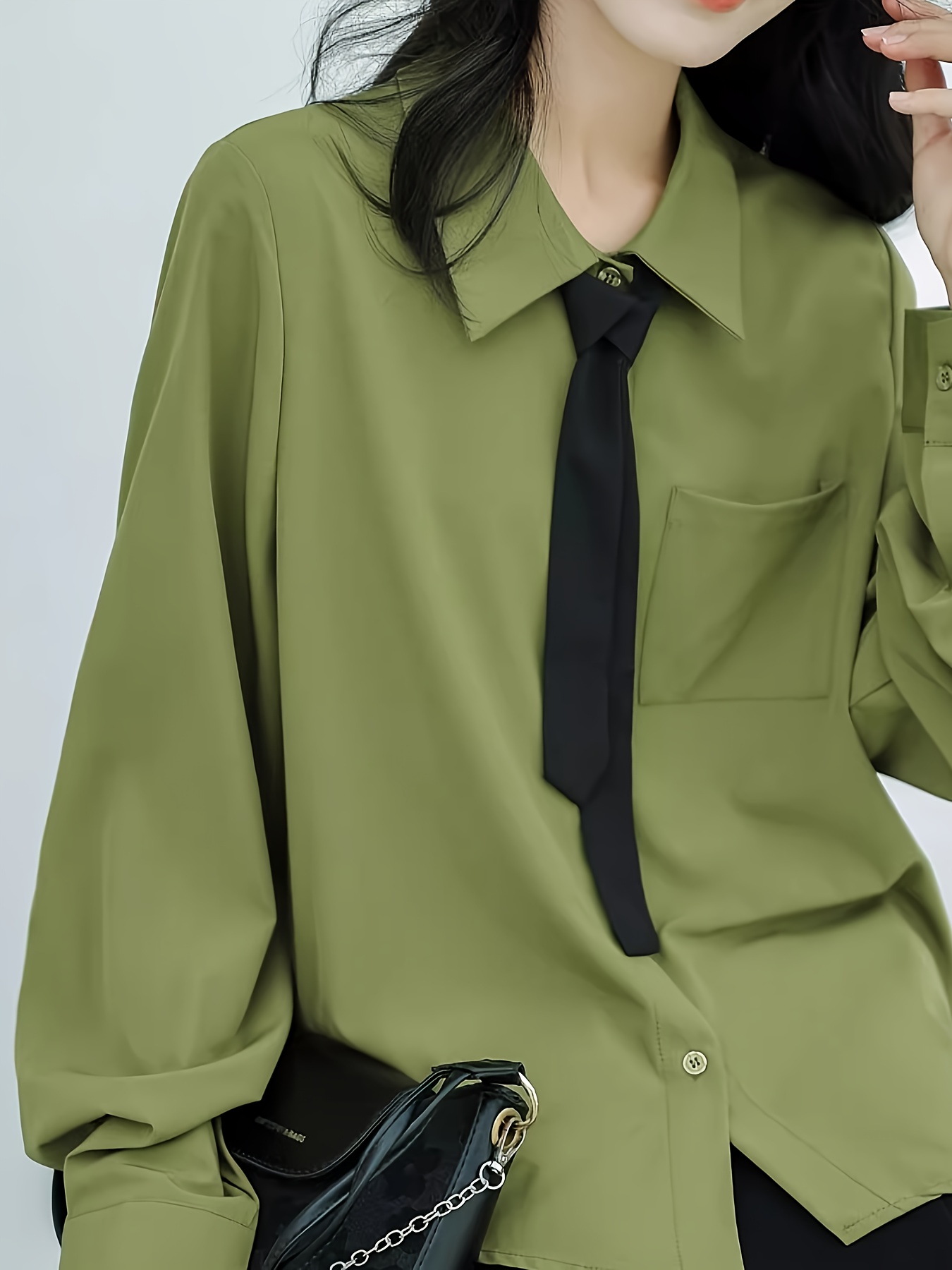 womens chic avocado green tie shirt solid color Temu Pakistan