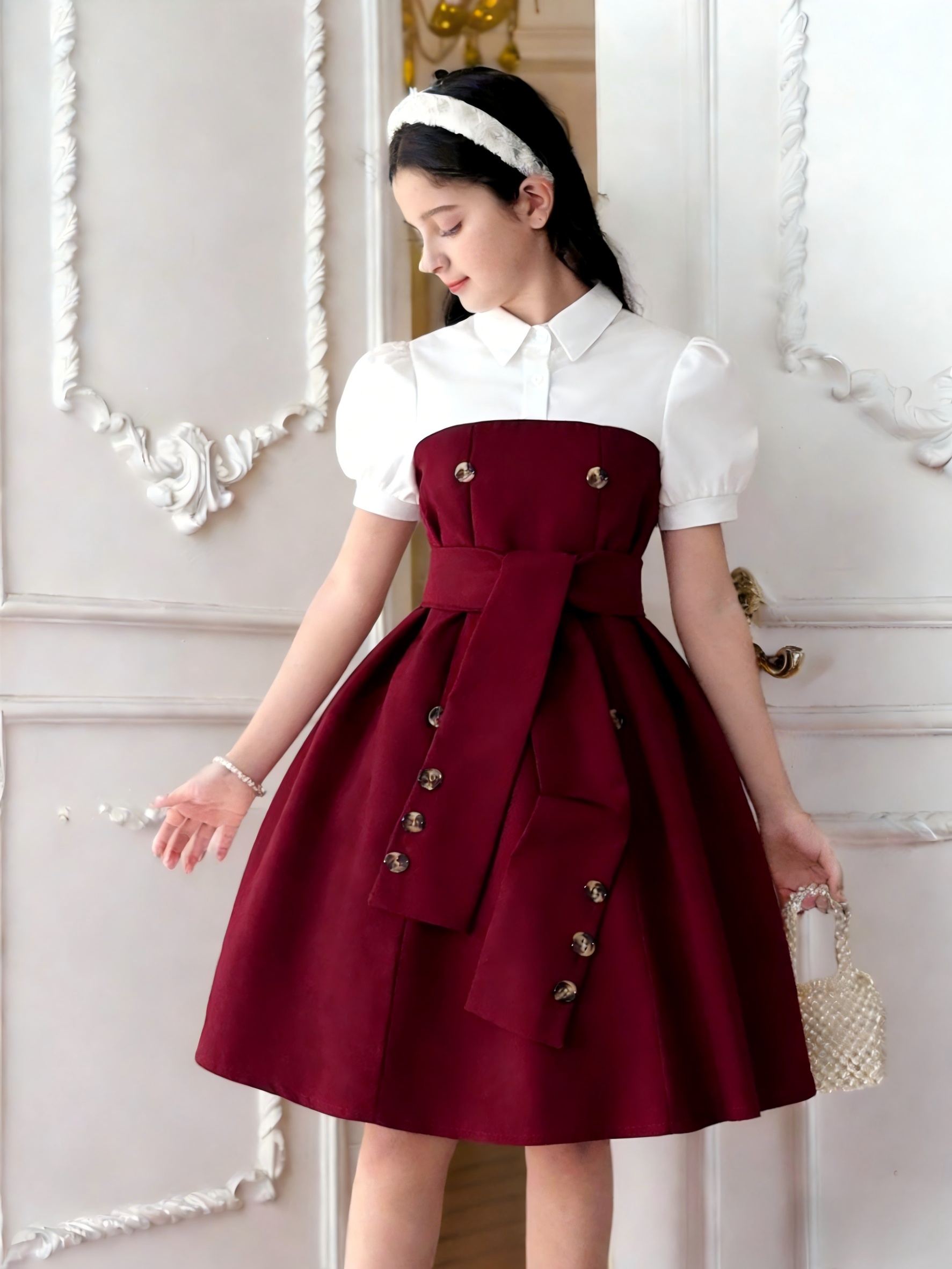 red dress year old girls burgundy girls dress white - Temu