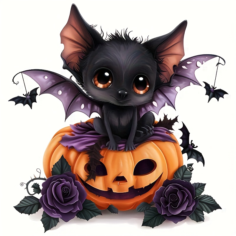 

Halloween Bat And Pumpkin Pvc Decal - Polyvinyl Chloride Sticker Set For Car, Laptop, Home Decor - Charming Bat With Jack-o'-lantern & Roses Design For Gifts And Decoration