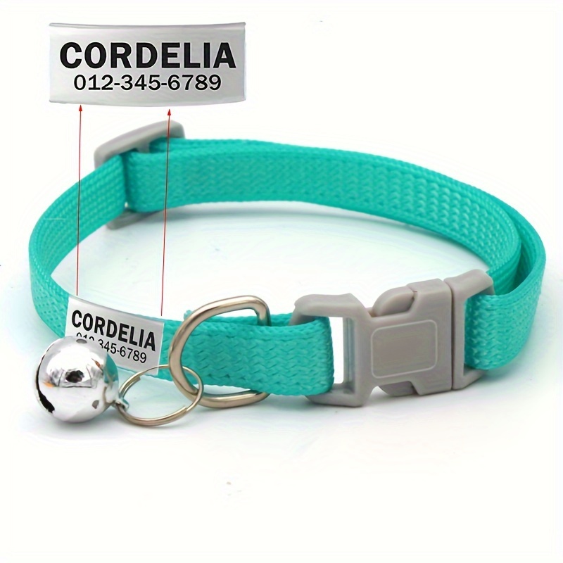 TEMU [custom] 1pc Personalized Pet Collar With Nameplate, Solid Color Kitten Dog Collar, Adjustable Anti-loss Neck Collar With Id Tag, Bell, And