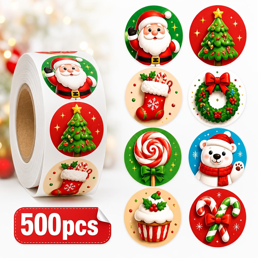 TEMU Rouleau de 500 autocollants de Noël ronds à paillettes - 1" pour emballages de petites entreprises, multicolores et scintillants, pour emballage