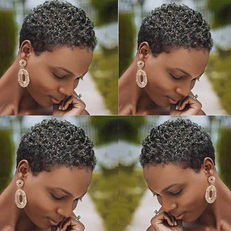 TEMU Short Cut Wigs For Women Featuring A Mixed Gray Synthetic Afro With Kinky Curls, Perfect For Short Afro Hairstyles