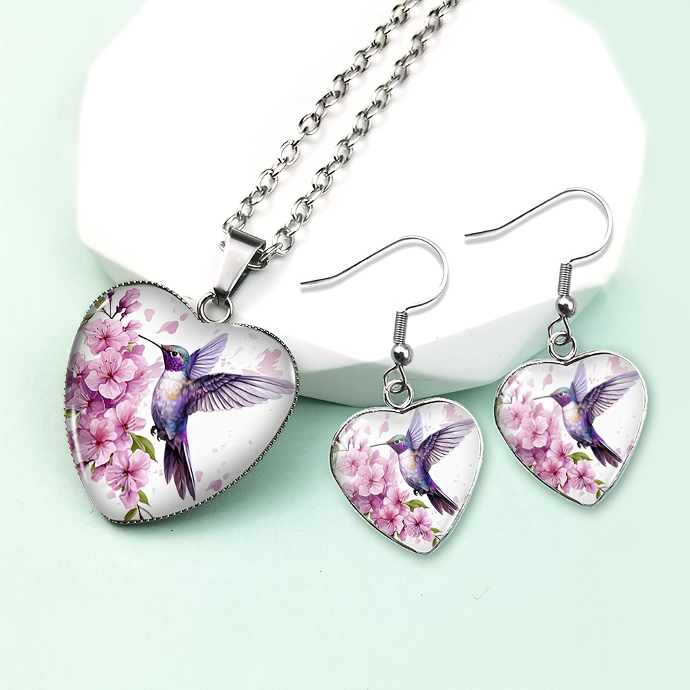 TEMU 3pcs Lilac Hummingbird Heart Necklace Earrings Glass Dome Jewelry Gifts