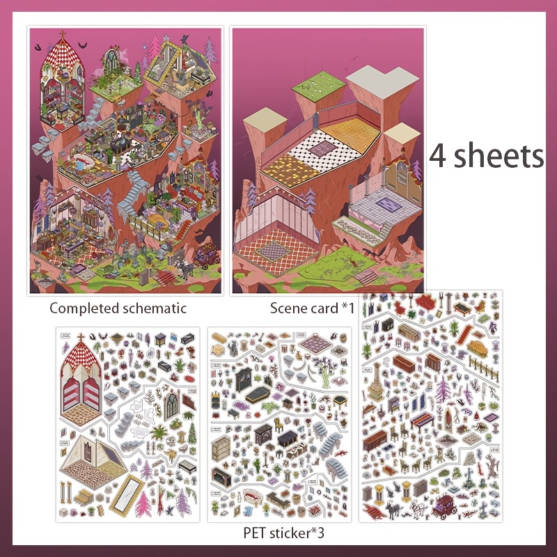 TEMU 4 Sheets/bag Sticker Pack, Vampire Mansion Series, High-difficulty Scenery Pet Stickers, Trading Card Stickers And Sticker Series, Card Sticker