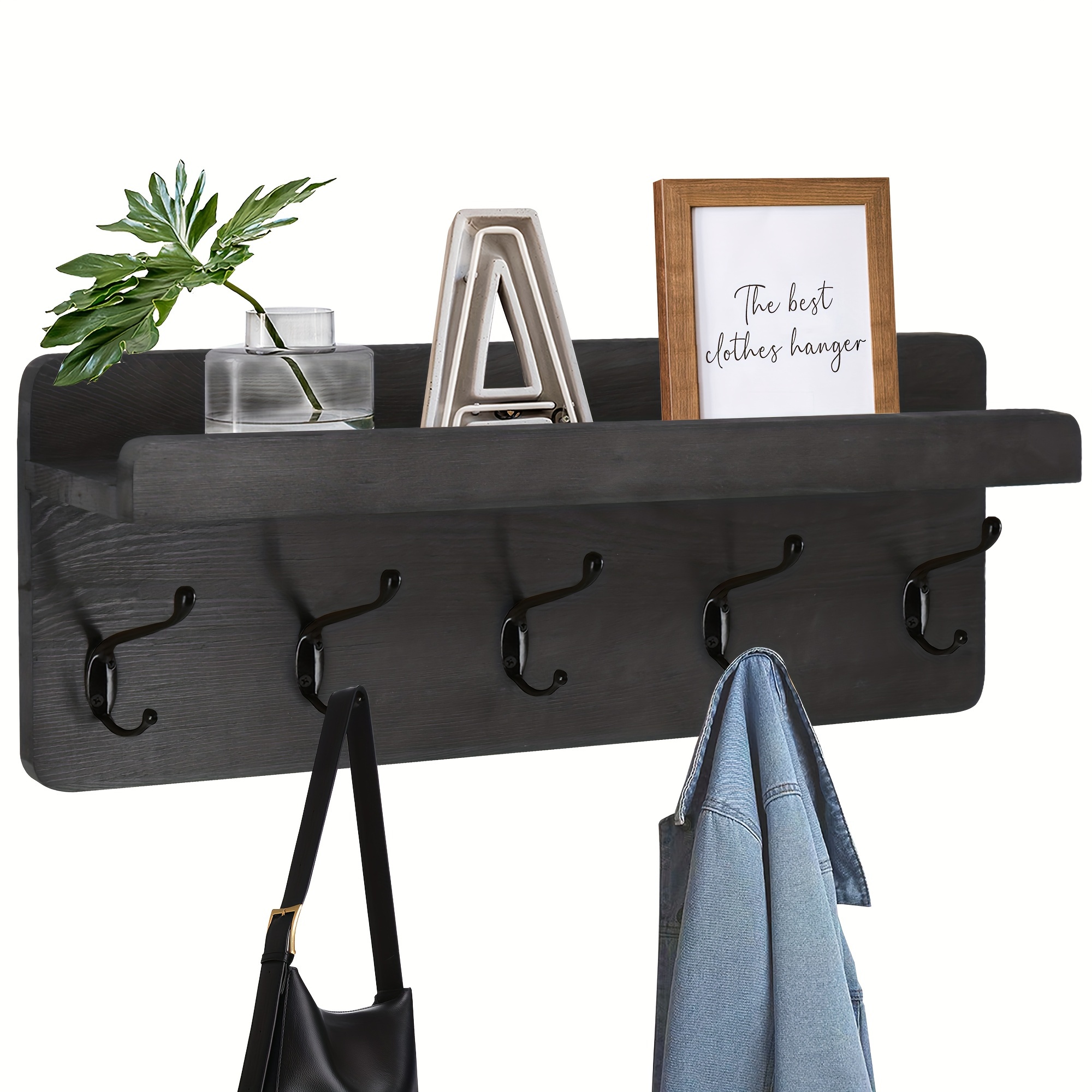 

Coat Rack Wall Mount With Shelf, Wood Wall Hooks With Storage, Entryway Shelf With 5 Coat Hangers For Bathroom, Living Room, Bedroom