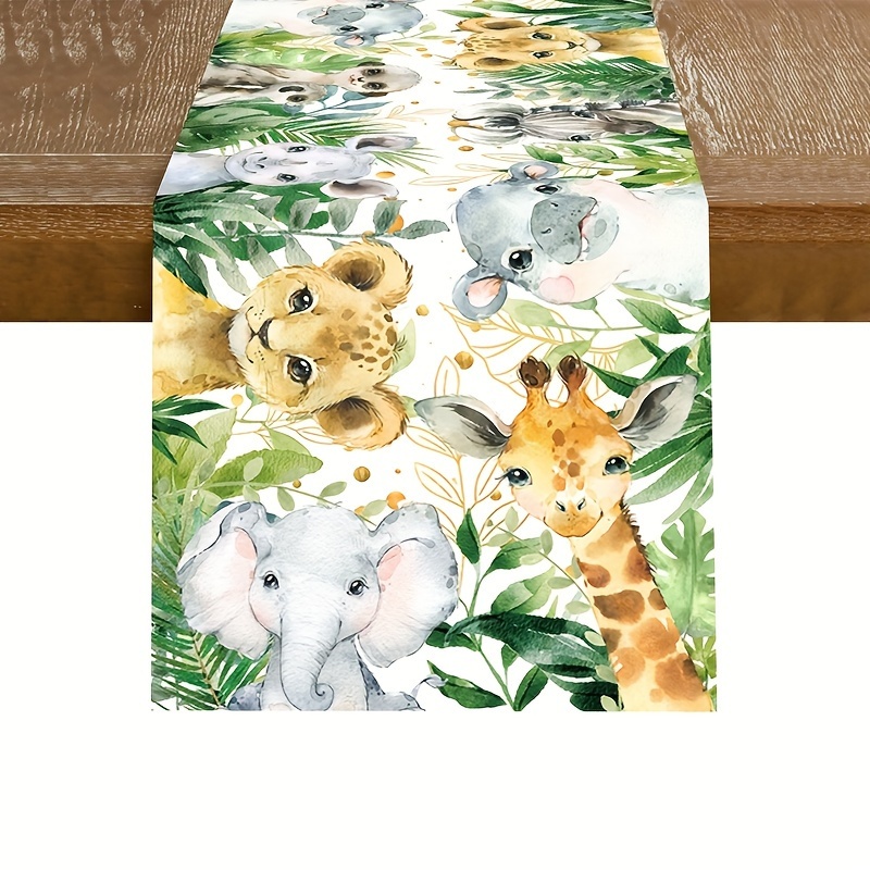 

Jungle Safari Animal Polyester Table Runner - 180x35cm, Machine Made Tablecloth For Birthday Parties And Celebrations, Forest Theme Table Decoration With Giraffe, Elephant And Other Animal Prints